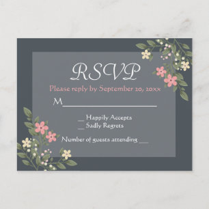 Floral Pink & Grey RSVP Flowers Grey Wedding Party Invitation Postcard