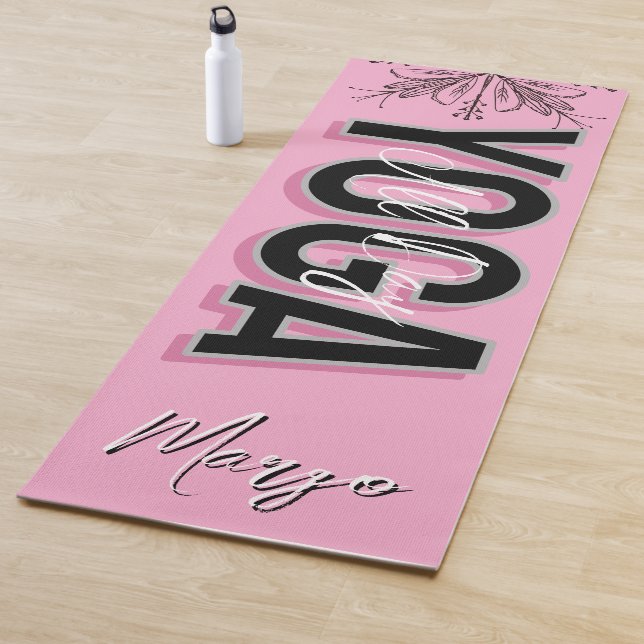 Floral Pink Hand Drawn Name Yoga Mat (In Situ)