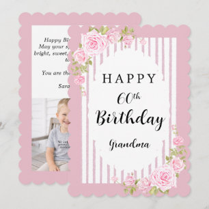 Floral Pink Happy Birthday Grandma Photo Flat Card