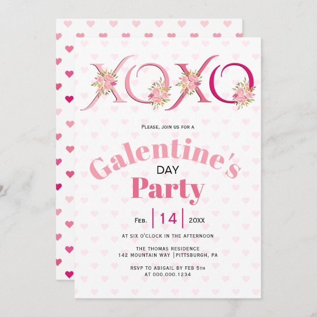 Floral pink HOHO hearts Galentines Day party Invitation (Front/Back)