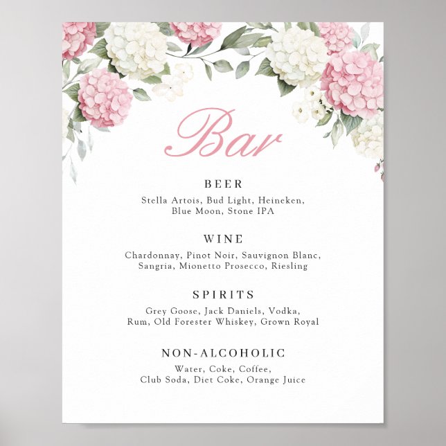 Floral Pink Hydrangea Greenery Wedding Bar Sign (Front)