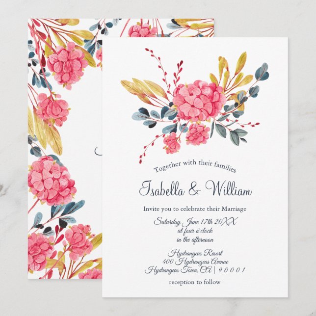 Floral Pink Hydrangeas Bouquet Wedding Invitation (Front/Back)