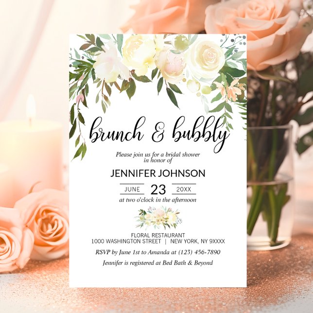 Floral Pink Ivory Brunch & Bubbly Bridal Shower Invitation (Floral Pink Ivory Brunch & Bubbly Bridal Shower Invitation)