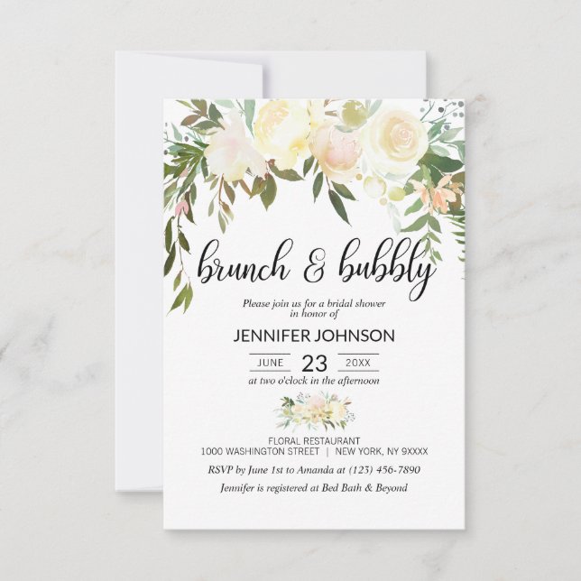 Floral Pink Ivory Brunch & Bubbly Bridal Shower Invitation (Front)
