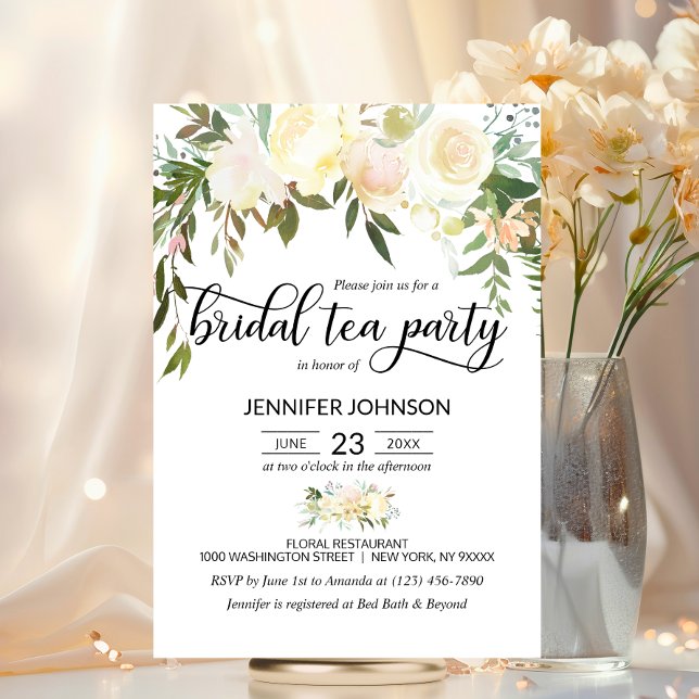 Floral Pink Ivory Cream Bridal Shower Tea Party Invitation (Floral Pink Ivory Cream Bridal Shower Tea Party Invitation)
