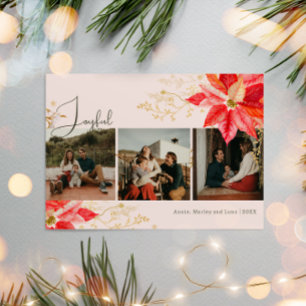Floral Pink Joyful Three Photo Christmas Holiday Card
