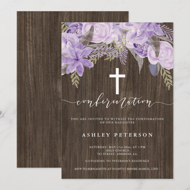 Floral pink lavender watercolor wood confirmation invitation (Front/Back)