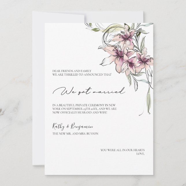 floral pink lilies Announcement Card - photo card (Front)