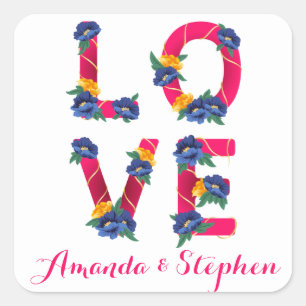 Floral Pink Love With Blue & Yellow Flowers Square Sticker