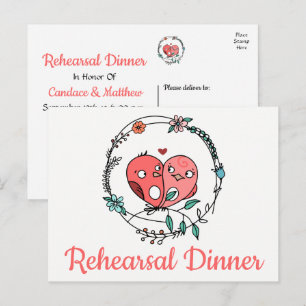Floral Pink Lovebirds Wedding Rehearsal Dinner Inv Invitation Postcard