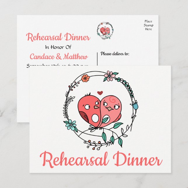 Floral Pink Lovebirds Wedding Rehearsal Dinner Inv Invitation Postcard (Front/Back)