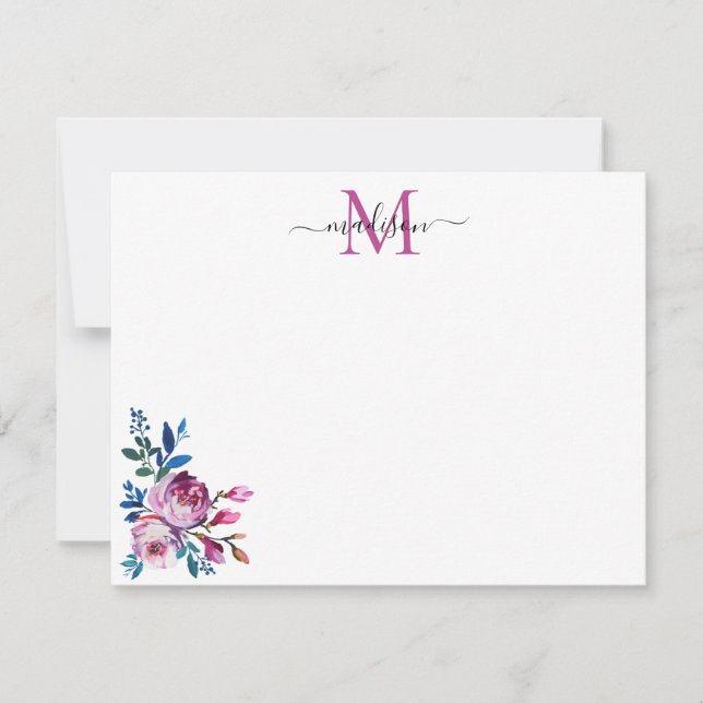 Floral Pink Magenta Teal Blue Rose Peony Monogram Card (Front)