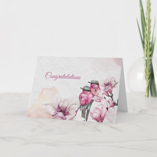 Floral Pink Magnolia Birds Wedding Congratulations Card (Front)