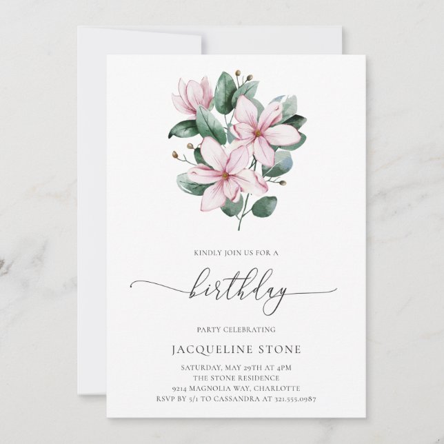Floral Pink Magnolia Floral Elegant Birthday Invitation (Front)