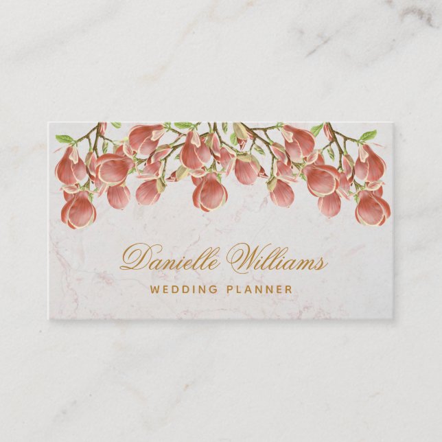Floral Pink Magnolia  White Marble Golden Script Business Card (Front)