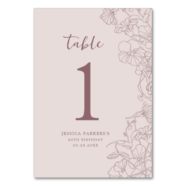 Floral Pink Mauve Birthday Party Table Number (Front)