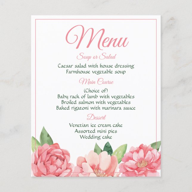 Floral Pink Menu Peonies Flowers Peony Roses (Front)