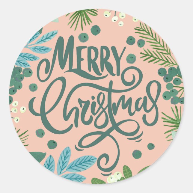 Floral pink merry Christmas  Classic Round Sticker (Front)