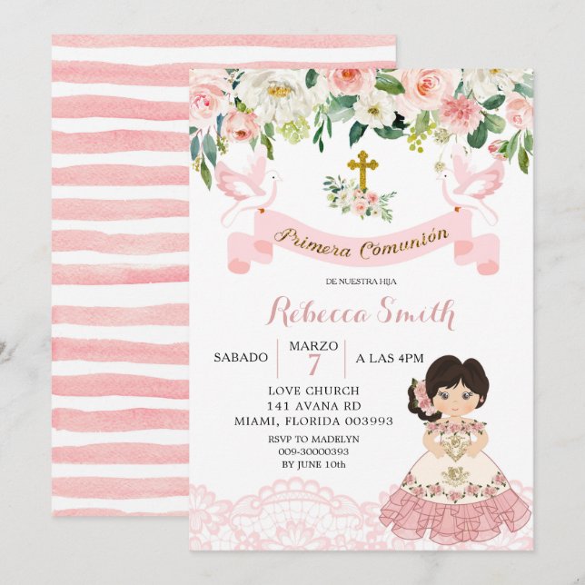 Floral Pink Mexican Girl Holy Communion Invitation (Front/Back)