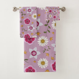 Floral Pink Modern Dianthus & Daisy Hand-Drawn Bath Towel Set