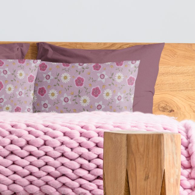 Floral Pink Modern Dianthus & Daisy Hand-Drawn Pillowcase (Creator Uploaded)