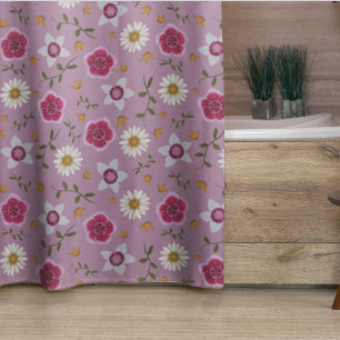Floral Pink Modern Dianthus & Daisy Hand-Drawn Shower Curtain