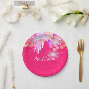 Floral Pink Modern  Silver Personal Paper Plate