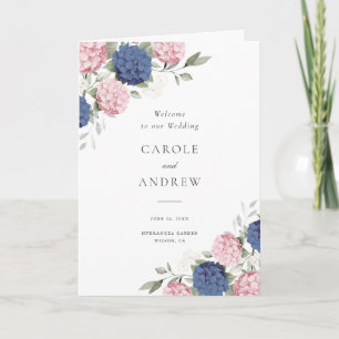 Floral Pink & Navy Blue Hydrangea Folded Wedding Programme
