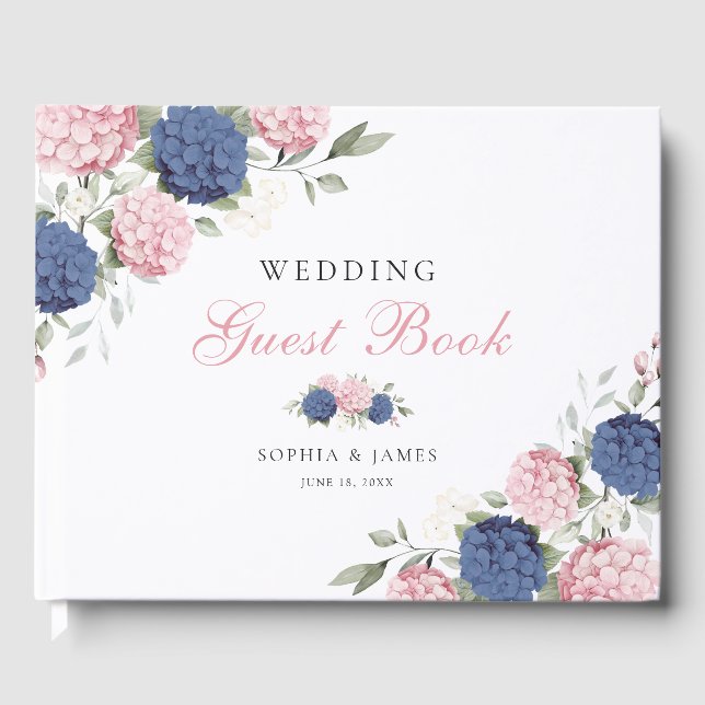 Floral Pink & Navy Blue Hydrangea Greenery Wedding Guest Book (Front)