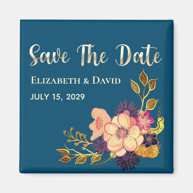 Floral Pink Navy Blue Save The Date invitation Magnet (Front)