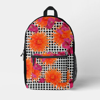 Floral Pink Orange Black White Check Backpack