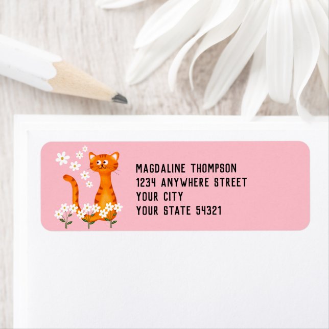 Floral Pink Orange Cat Return Address (Insitu)