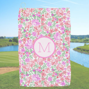 Floral Pink Orange Preppy Custom Initial Ladies Golf Towel