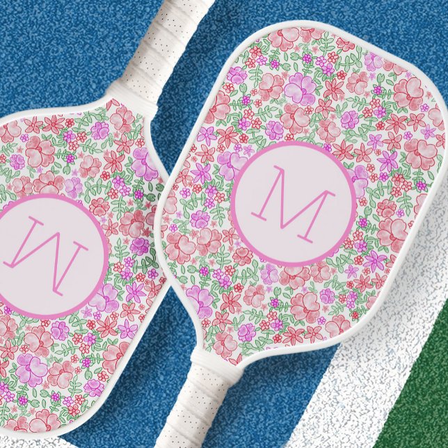 Floral Pink Orange Preppy Custom Initial Ladies Pickleball Paddle (Creator Uploaded)