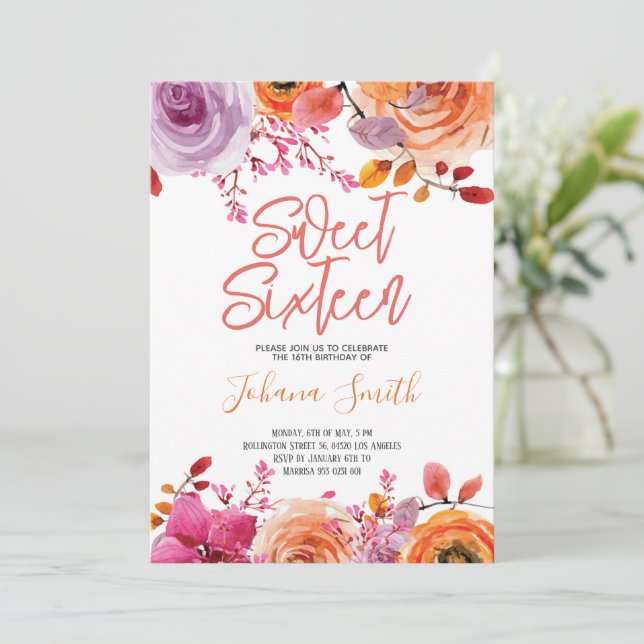 Floral Pink Orange Sweet Sixteen Birthday Invitation (Standing Front)