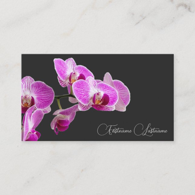 Floral pink orchid blossom calligraphy dark grey business card (Front)