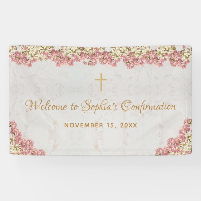 Floral Pink Orchids Gold Girl Confirmation Welcome Banner (Horizontal)