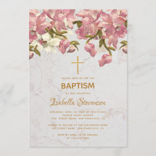 Floral Pink Orchids Marble Gold Cross Baptism Invitation