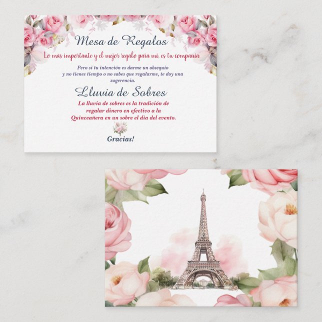 Floral Pink Paris Lluvia de Sobres Quinceañera Card (Front/Back)
