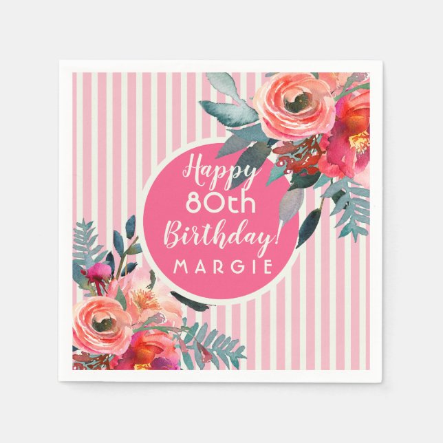 Floral Pink Pastel Stripe 80th Birthday Napkin (Front)