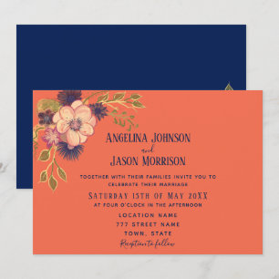 Floral Pink Peach and Navy Blue Wedding Invitation