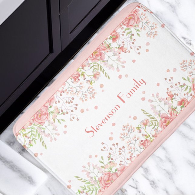 Floral Pink Peach Wildflowers Family Name Bath Mat (Floral Pink Peach Wildflowers Family Name Bath Mat)