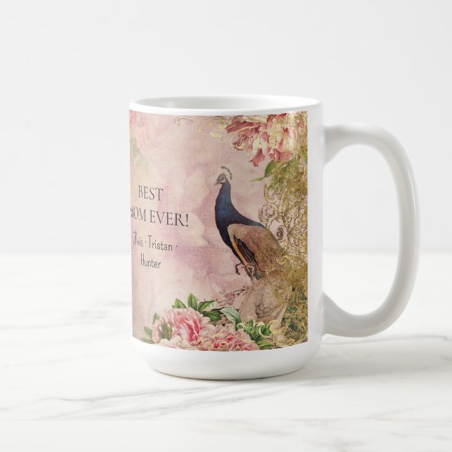 Floral Pink Peacock Best Mum Children Mothers Day Coffee Mug (Right)