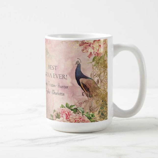 Floral Pink Peacock Best Nana Children Mothers Day Coffee Mug (Right)