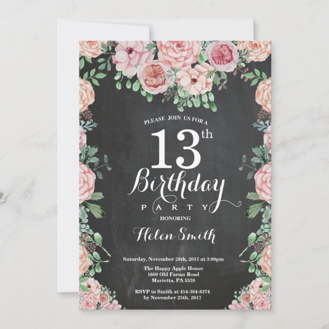Floral Pink Peonies 13th Birthday Chalkboard Invitation (Front)