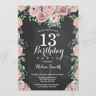Floral Pink Peonies 13th Birthday Chalkboard Invitation