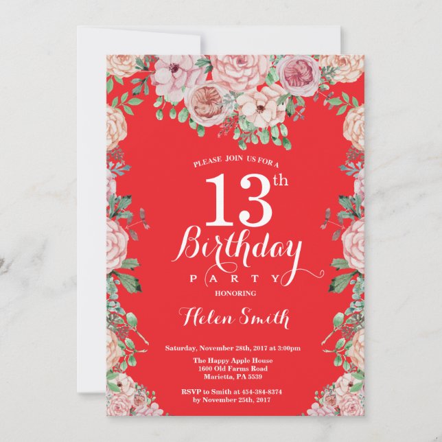 Floral Pink Peonies 13th Birthday Red Invitation (Front)