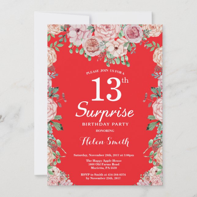 Floral Pink Peonies 13th Surprise Birthday Red Invitation (Front)
