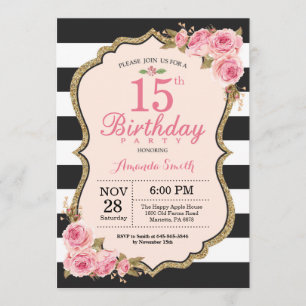 Floral Pink Peonies 15th Birthday Party Invitation