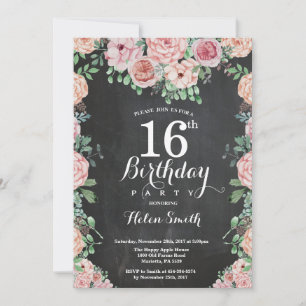 Floral Pink Peonies 16th Birthday Chalkboard Invitation